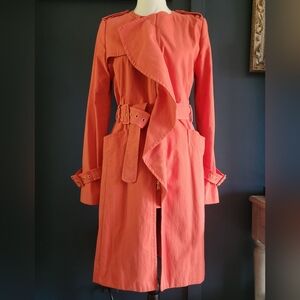 BCBGMaxazria Cotton Blend Belted Ruffle‎ Full Zip Spring Fall Trench Coat Small